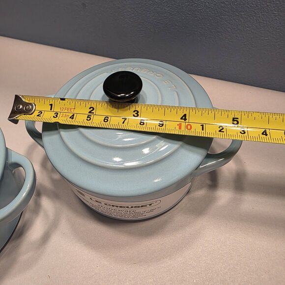 Pair Le Creuset 2 Pc Set Mini Round Cocotte Sky Blue Stoneware Pots with Lids - Picture 9 of 11